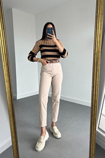 MAKRAS EXCLUSIVE MR Beige Mom Jean Femei Boyfriend Blugi Lycra cu talie înaltă