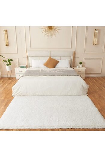 SARAZ HALI Soft Carpet - White, Washable Runner, Non-Slip Base, Long Shaggy