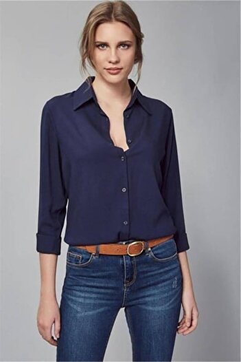 Mossta Basic Draped Woven Viscose Women's Minnesota Shirt Navy Blue