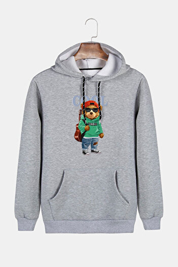 Terapi Men Unisex Gri Kapüşonlu Cool Ayıcık Baskılı Slim Fit Kanguru Cepli Sweatshirt