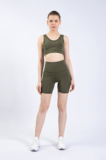 The Step Sports Spocket Khaki Pocketed High Waist, Firming Yoga Shorts Tights 6"