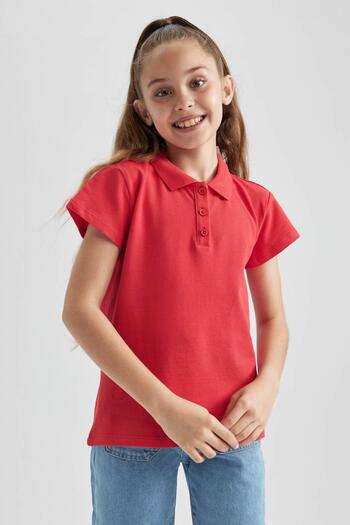 DeFacto Girl's Red Polo School T-Shirt - Cotton, Short Sleeve