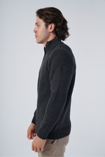 Trist Star Anthracite Men's Zigzag Embroidered Stand Collar Short Zippered Knitwear Wool Sweater
