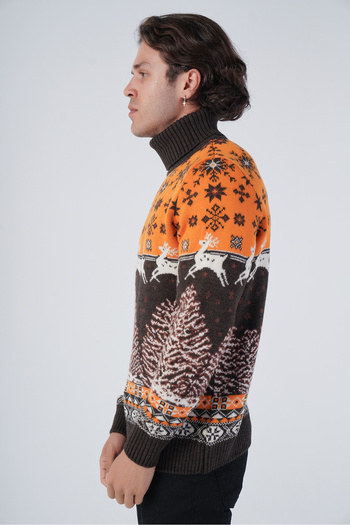 Trist Star Brown Men's Jacquard Deer Patterned Turtleneck New Year's Knitwear Wool Sweater