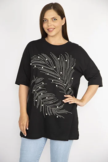 Şans Women's Plus Size Black Jewelled and Pearl Embroidered Bicycle Collar Side Slit Blouse 65n36698