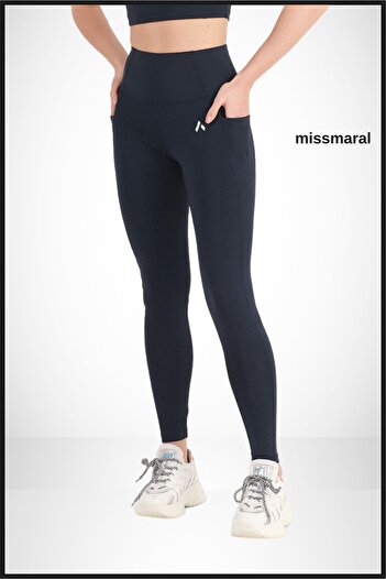 missmaral Women's Navy Blue High Waist Double Pocket Sports Leggings Shades 1057