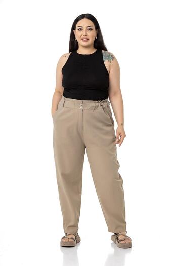 DISENTIS MODEST Ψηλόμεσο παντελόνι Gabardine Mink Plus με λεπτομέρεια βολάν στη μέση