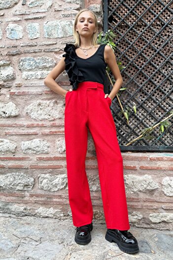 Trend Alaçatı Stili Red High Waist and Velcro Closure Double Pocket Women's Palazzo Trousers - Alc-X10753