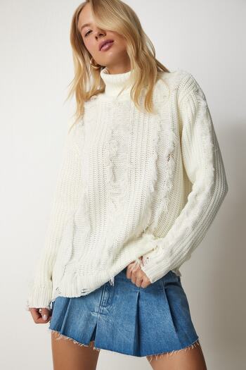Happiness İstanbul Women's Bone Tassel and Ripped Detailed Knitwear Sweater Kİ00099