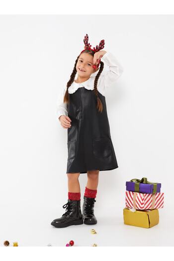 LC Waikiki Square Collar Basic Strap Leather Look Girl's Dress