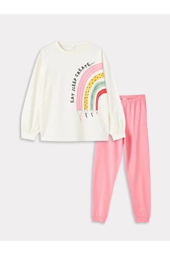 LC Waikiki LCW Kids Girl's Crew Neck Printed Long Sleeve Pajamas Set
