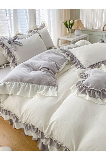 METİNEV Frilly Oversize Cream and Gray Cotton Satin Duvet Cover Set
