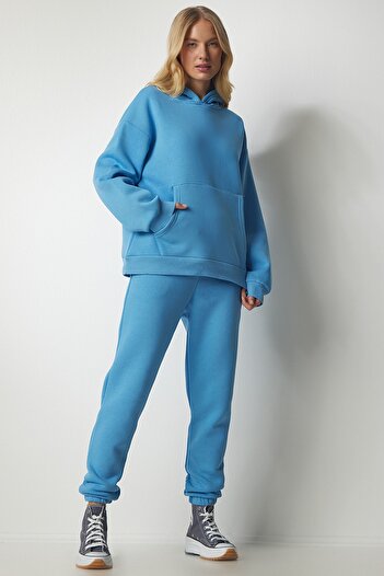 Happiness İstanbul Himmelblaues Trainingsanzug-Set mit Kapuze für Damen DD00762