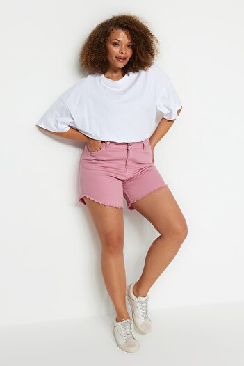 Trendyol Curve Pink Tasseled Flexible Skinny Denim Shorts & Bermuda TBBSS23CJ00016