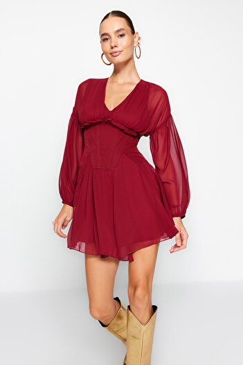 Trendyol Collection Βραδινό φόρεμα μπορντό σιφόν A-cut - TPRAW24EL00040