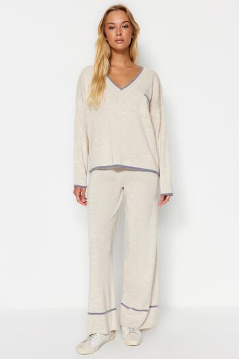 Trendyol Collection Bézs széles szabású szőrös fonal kötöttáru alsó felső szett TWOAW24AU00099