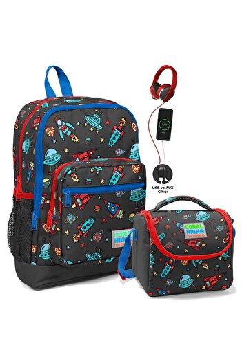 Coral High School Bag and Lunch Box Set - Boy Gray Blue Space - With USB Socket