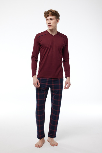 Malabadi Claret Red Plaid Men's Pajama Set Buttoned Collar Winter Long Sleeve Pajamas 6015