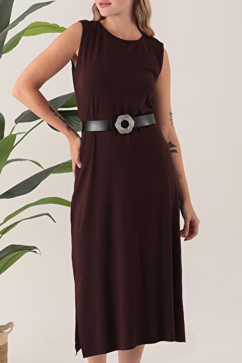 ESPİNA Women's Viscose Belted and Slit Casual Dress
