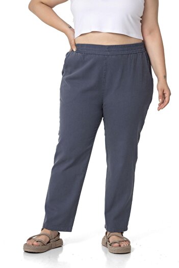 DISENTIS MODEST Plus Size Gabardine Anthracite Trousers with Elastic Waist and Pockets