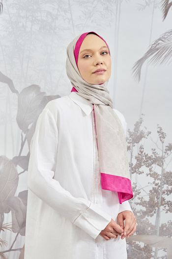 ARMANDA Checkerboard Monogram Shawl - Stone and Fuchsia Color