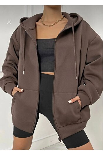 AFROGİYİM Oversize Women's Cardigan - Plain Cut and Zipper Detail