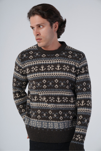 Trist Star Brown Men's Jacquard Anchor Pattern Crew Neck Knitwear Wool Sweater