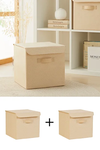 Ocean Home Textile 2 Pieces Beige Closet with Lid Laundry Toy Organizer Storage Box Organizer 30x30x30