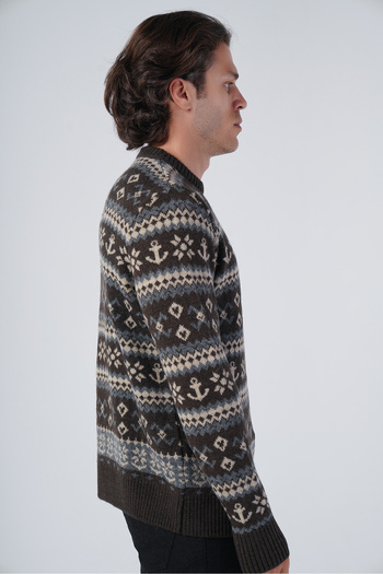 Trist Star Brown Men's Jacquard Anchor Pattern Crew Neck Knitwear Wool Sweater