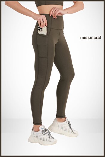 missmaral Women's Leggings Khaki High Waist Double Pocket Detailed Seasonal Recovery Sports & Casual 1057