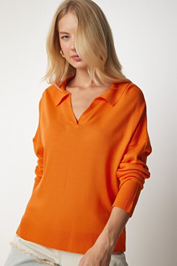 Happiness İstanbul Damski sweter basic z dekoltem w pomarańczę bv00094