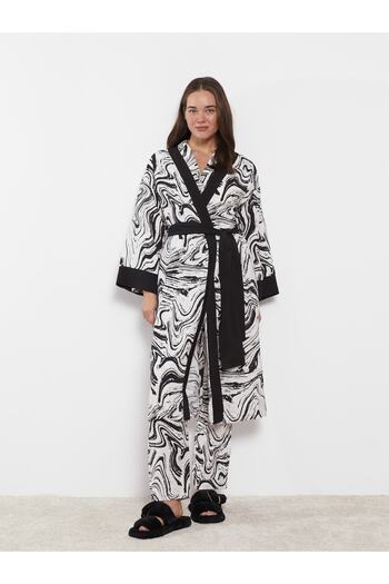 LC Waikiki Patterned Shawl Collar Long Sleeve Women's Dressing Gown