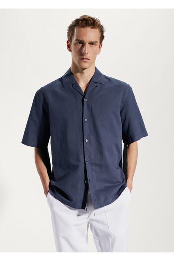 MANGO Man Cotton linen bowling collar shirt