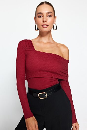 Trendyol Collection Claret Red Asymmetric Collar Detailed Draped Fitted/Body-Fitted Wrap/Textured Knitted Body TWOAW23BD00043