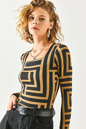 Olalook Women's Striped Camel Square Collar Front Double Layer Lycra Blouse BLZ-19002183