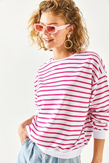 Olalook Women's White Fuchsia Basic Soft Textured Casual Sweatshirt SWT-19000457