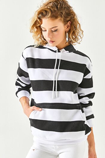 Olalook Women's White Black Thick Striped Kangaroo Pocket Fleece Inside Sweatshirt SWT-19000615