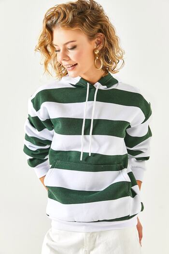 Olalook Women's Khaki Thick Striped Kangaroo Pocketed Fleece Inside Sweatshirt SWT-19000615
