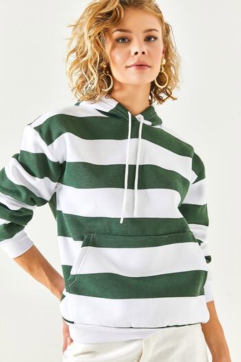 Olalook Women's Khaki Thick Striped Kangaroo Pocketed Fleece Inside Sweatshirt SWT-19000615