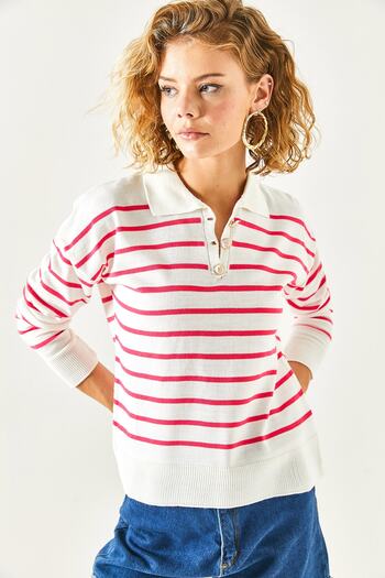 Olalook Women's White Fuchsia Polo Collar Buttoned Striped Knitwear Blouse BLZ-19002369