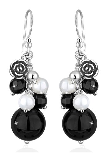 ELLI Ohrringe Rose Oniks Muschelkernperlen 925 Ayar Gümüş