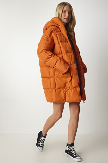 Happiness İstanbul Dámský oranžový oversize puffer kabát s kapucí NT00429