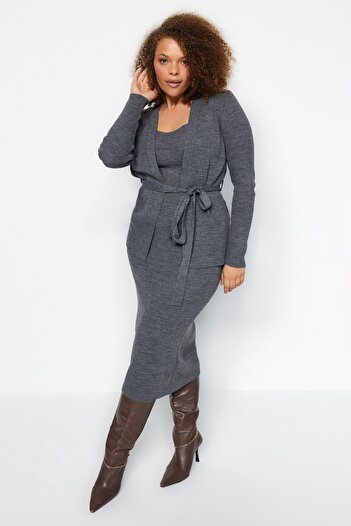 Trendyol Collection Anthracite Midi Belted 2-Piece Knitwear Cardigan-Dress TBBAW24AH00016