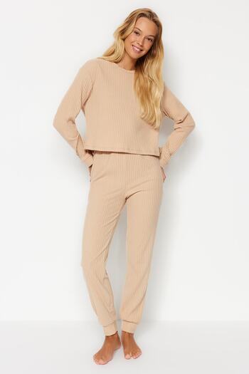 Trendyol Collection Corded Beige Knitted Pajama Set - Soft Button Thmaw21Pt0696