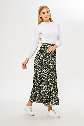 comstar Fustă lungă plisată cu model floral crocant verde, fustă de vară cu model floral, fustă creponată, fustă hijab