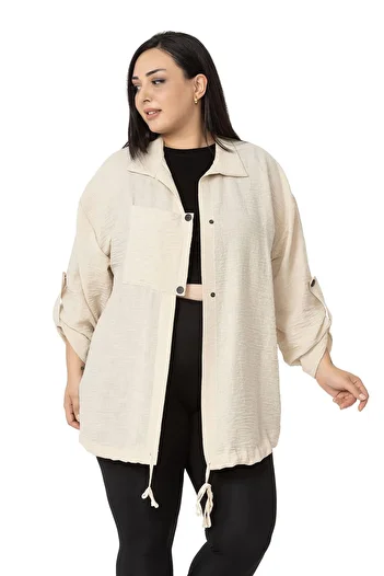 DISENTIS MODEST Large Size Beige Jacket with Pocket Detail and Folded Sleeves