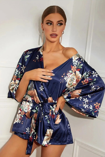 For Dreams Navy Blue Floral Patterned Women's Dressing Gown - 8330
