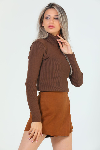 GÜLSELİ Women's Full Turtleneck Lycra Brown Knitwear Blouse