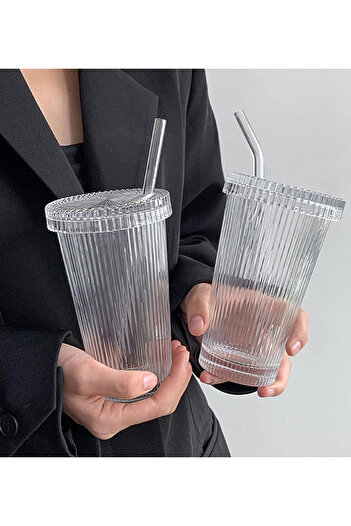 Trouvaille 600 Ml Mika Origami Stil Kapaklı Cam Pipetli Bardak Origami Stil Soğuk Kahve Meşrubat Bardağı