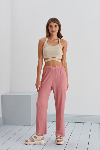 Space Fashion Pantaloni palazzo cu talie elastică de vară, comozi, țesături late șifonate